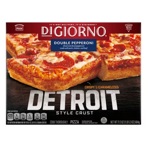 Box of DiGiorno Detroit Style Crust Double Pepperoni Pizza with a Crispy and Caramelized badge.