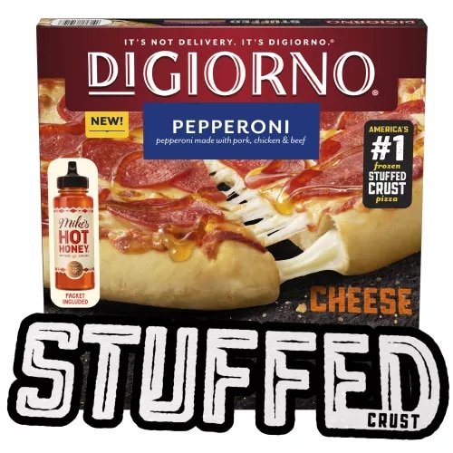 Front Center view of DIGIORNO Frozen Cheese Stuffed Crust Pizza Pepperoni Honey 23oz Carton NET WT 23 oz (1 lb 7 oz) 654 g product.