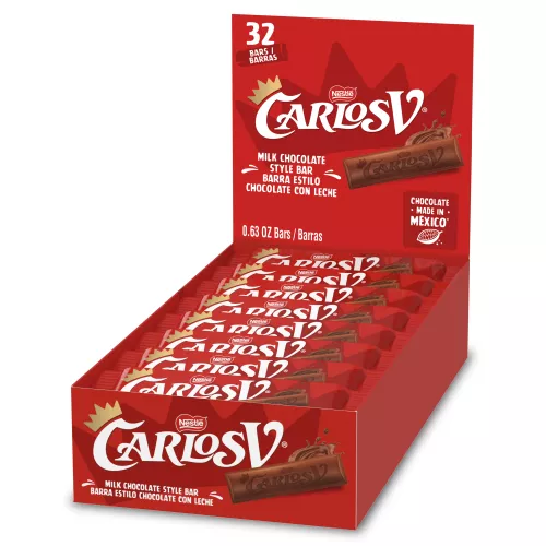 Front Center view of Nestle Carlos V Milk Chocolate Style Bar 8(32ct x 0.63oz) Carton.