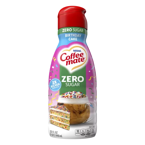 Front Center view of NESTLE COFFEE MATE Liquid Creamer Zero Sugar Birthday Cake 32floz Bottle 32 FL OZ (1 QT) 946 mL product.
