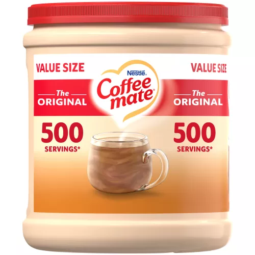 Una lata de creamer en polvo original Coffee mate con una etiqueta roja y blanca con una taza, un biscotti y el logotipo de Coffee mate.