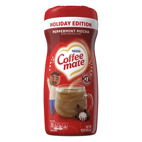 Imagen frontal del creamer en polvo sabor Peppermint Mocha de Coffee mate