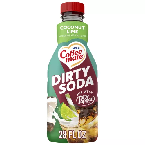 Vista frontal centrada de botella de 28fl.oz. de creamer líquido NESTLE COFFEE MATE Dirty Soda sabor Coconut Lime (828ml).