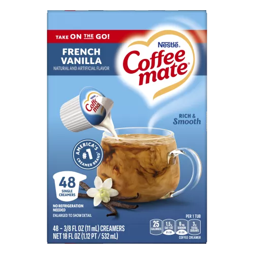 Box of single serve French Vanilla Coffee Creamer with a coffee mug, vanilla beans and a America’s #1 Creamer Brand badge.