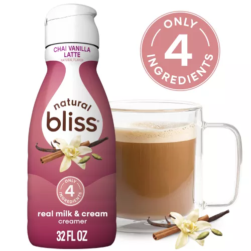 Front Center view of Natural Bliss Chai Vanilla Latte, Liquid Dairy Creamer, 32 fl oz 32 FL OZ (1 QT/946 mL) product.