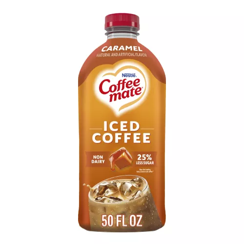 Bottle of caramel-flavored iced coffee drink with coffee and caramel cube images and non-dairy and 25% less sugar badges.
