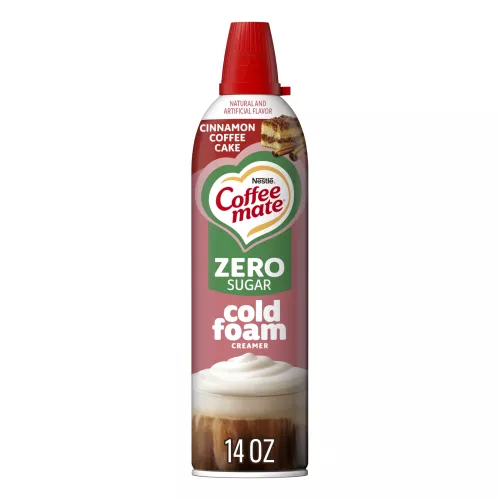 Front Center view of Coffee mate® Zero Sugar Cinnamon Coffee Cake Cold Foam Creamer, 14oz Can NET WT 14 oz (396 g) product.