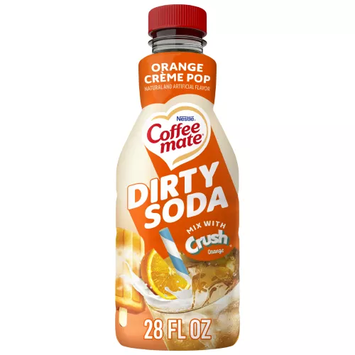 Vista frontal centrada de botella de 28fl.oz. (828ml) de NESTLE COFFEE MATE Dirty Soda sabor Orange Crème Pop.