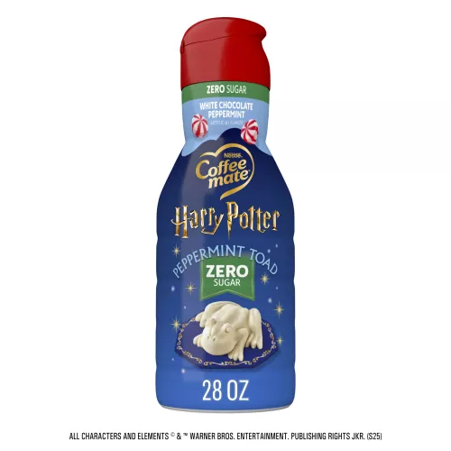 Vista central frontal de creamer líquido Zero Sugar White Chocolate Peppermint Toads de COFFEE MATE 28 fl oz (1.75 PT) 828 ml