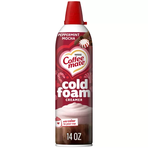 Vista frontal centrada de un creamer de espuma fría sabor Peppermint de NESTLE COFFEE MATE con peso neto de 14oz (396g).