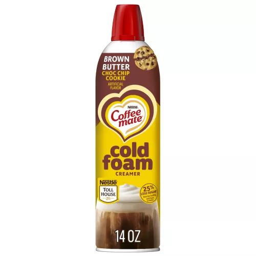 Vista frontal centrada de lata de creamer Brown Butter Chocolate Chip Cookie Cold Foam de Coffee mate® PESO NETO 14oz (396g).