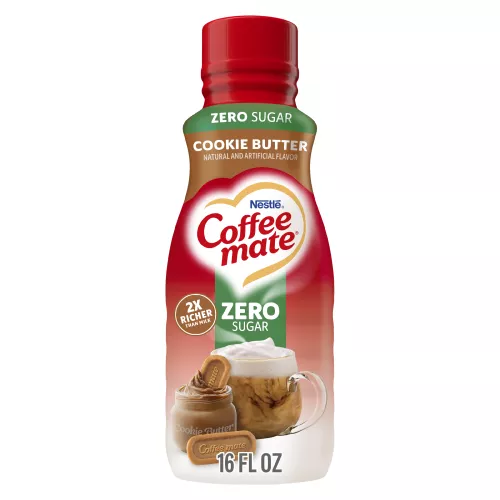 Vista frontal centrada de botella de 16 fl oz de creamer líquido NESTLE COFFEE MATE sin azúcar sabor Cookie Butter de 16 FL OZ (1 PT) 473 ML.