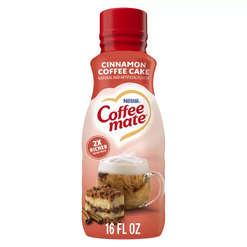 Front Center view of NESTLE COFFEE MATE Liquid Creamer Cinnamon Coffee Cake 16floz Bottle 16 FL OZ (1 PT) 473 mL product.