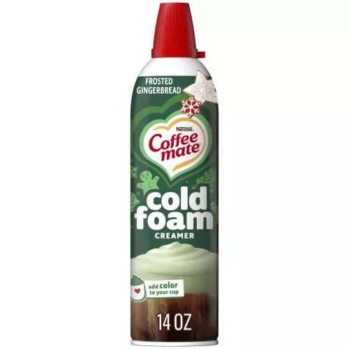 Vista central frontal de una botella de creamer de espuma Gingerbread de NESTLE COFFEE MATE con peso neto de 14 oz (396 g).