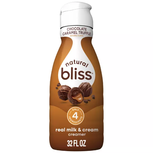 Front Center view of Natural Bliss Chocolate Caramel Truffle, Liquid Dairy Creamer, 32 fl oz 32 FL OZ (1 QT/946 mL) product.