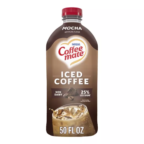 Vista frontal centrada de botella de 50 fl oz (1.56 QT, 1.47 L) de café helado COFFEE MATE sabor Mocha.