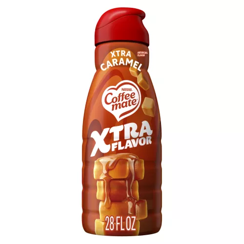 Front Center view of COFFEE MATE Xtra Caramel Non-Dairy Creamer 28oz Bottle 28 FL OZ (828 mL) product.