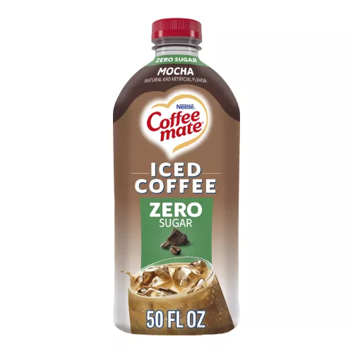 Vista frontal centrada de botella de 50 fl oz de creamer COFFEE MATE sin azúcar sabor Mocha Iced Coffee de 50 FL OZ (1.56 QT) 1.47 L.