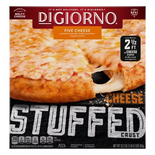 Caja de pizza DiGiorno Stuffed Crust Five Cheese, con queso estirándose desde el borde de la pizza y etiquetas Stuffed Crust