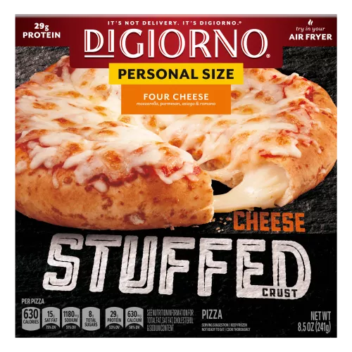 Caja de pizza DiGiorno Small Sized Stuffed Crust Four Cheese, queso estirado del borde de la pizza, logo Cheese Stuffed Crust