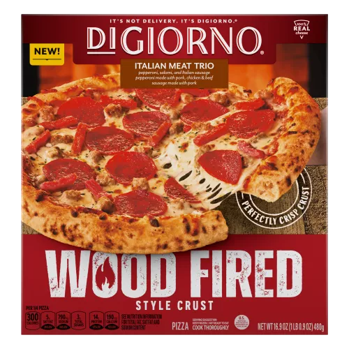Front Center view of DIGIORNO Frozen Wood Fired Pizza Italian Meat Trio 16.9oz Box NET WT 16.9 oz (1 lb. 0.9oz) 480g product.