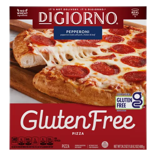 A box of Gluten Free Pepperoni Pizza with New & Improved Recipe, No Wheat Ingredients and 100% Real Cheese labels.