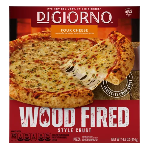 Front Center view of DIGIORNO Frozen Wood Fired Pizza Four Cheese 14.6oz Box NET WT 14.6 oz (414g) product.