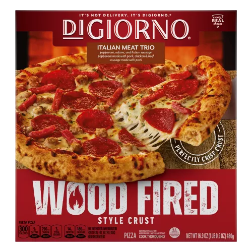 Front Center view of DIGIORNO Frozen Wood Fired Pizza Italian Meat Trio 16.9oz Box NET WT 16.9 oz (1 lb. 0.9oz) 480g product.