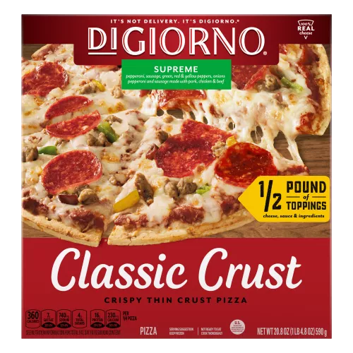Caja de pizza DiGiorno Classic Crust Supreme que lee media libra de toppings, salsa, queso e ingredientes.
