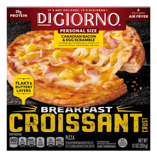 Front Center view of DIGIORNO Frozen Pizza Croissant Crust Canadian Bacon Egg 9.1oz Box NET WT 9.1 oz (259 g) product.