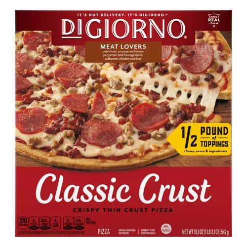 Caja de pizza DiGiorno Classic Crust Meat Lovers que lee media libra de toppings, salsa, queso e ingredientes.