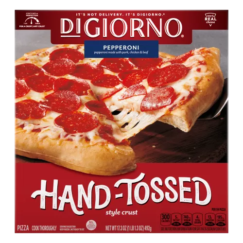 Box of DiGiorno Hand-Tossed Pepperoni Pizza with pizza on cutting board with a Hand-Tossed Style Crust logo.