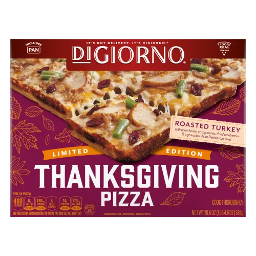 Front Center view of DiGiorno Thanksgiving Pizza Roasted Turkey Frozen Pizza 20.6 oz Box NET WT. 20.6 oz (1 lb 4.6 oz) 585 g product.