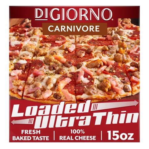 Box of DiGiorno Loaded Ultra Thin Carnivore Pizza on a cutting board & Loaded Ultra Thin logo.