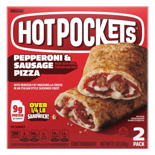 Box of Hot Pockets Hot Ones™ hot habanero pepperoni & sausage with Hot Ones and Los Calientes Rojo heat level medium logos
