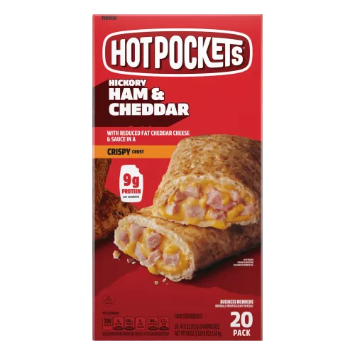 Box of Hickory Ham & Cheddar Hot Pockets® with 20 Value Pack and Try In The Air Fryer badges.