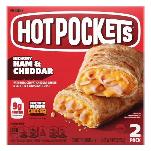 Box of Hickory Ham & Cheddar Hot Pockets® with product name, image, and “2 Pack” label in the corner.