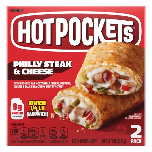 Box of Philly Steak & Cheese Hot Pockets® with crust stuffed with melty cheese and meat and a “2 Pack” label in the corner.