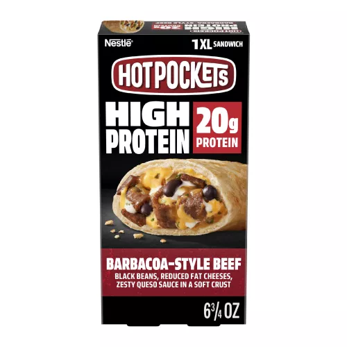 Vista frontal centrada de caja de NESTLE HOT POCKETS Frozen Snack Protein Steak de 6.75 oz (191 g).