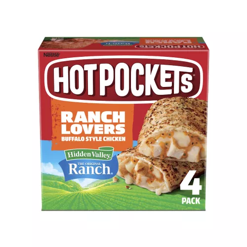 Vista frontal centrada de NESTLE HOT POCKETS sabor Buffalo Chicken Ranch de PESO NETO 17 OZ (1 lb 1 oz) 481 g.