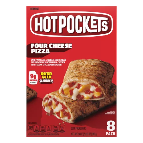 Box of Four Cheese Pizza Hot Pockets® with product name, image, and 8 Pack and new size badges.