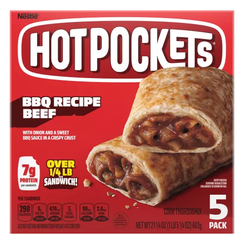 Front Center view of NESTLE HOT POCKETS Frozen Snacking Barbecue Beef 21.25oz Packaging NET WT 21 1/4 oz (1 lb 5 1/4 oz) 602 g product.
