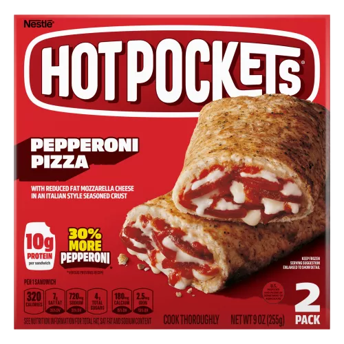 Box of Pepperoni Pizza Hot Pockets® with the product name, product image and a “2 Pack” label in the bottom right corner.