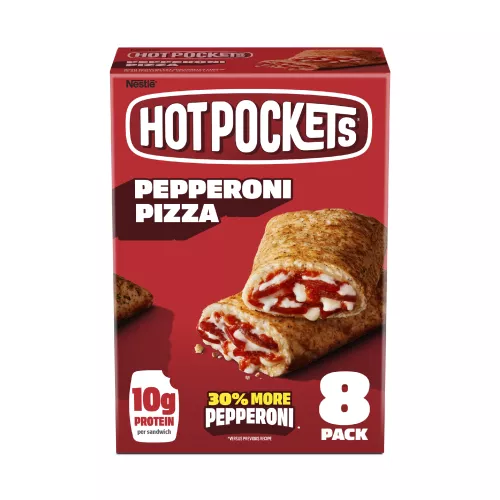 Box of Pepperoni Pizza Hot Pockets® with the product name, image, and 8 Pack and new size badges.