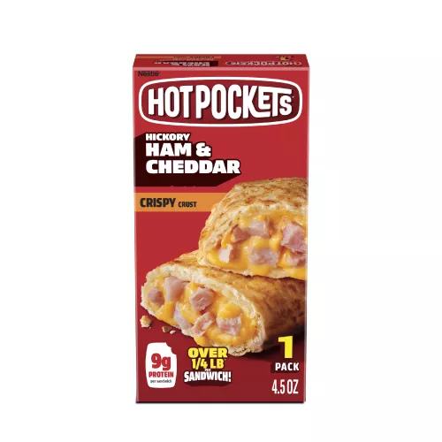 Front Center view of Hot Pockets Ham and Cheddar Crispy Crust 1PK Frozen Sandwich 4.5oz NET WT 4.5 oz (127g) product.