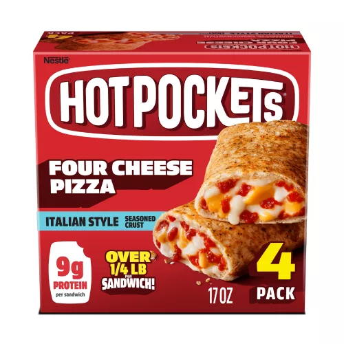 Front Center view of NESTLE HOT POCKETS Four Cheese Pizza 17oz NET WT 17 OZ (1LB 1 OZ) 481g product.