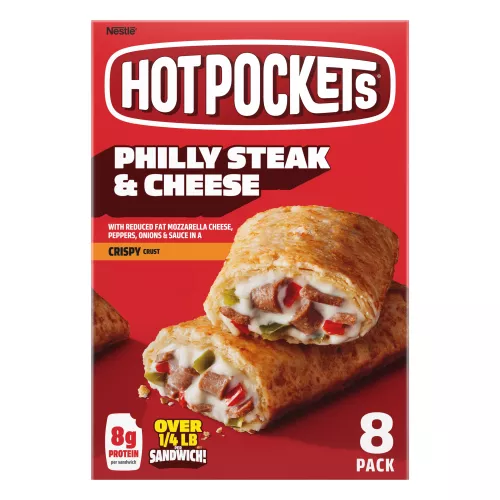 Front Center view of Hot Pockets Philly Steak and Cheese Frozen Sandwiches 36oz 8 Pack Box NET WT 36 oz (2 lb 4 oz) 1.02 kg product.