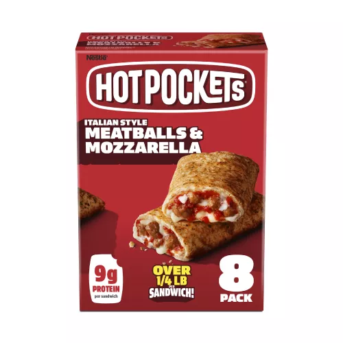 Caja de Italian Style Meatballs and Mozzarella Hot Pockets® que lee paquete de 8, 9g de proteína y ¼ LB por sándwich.