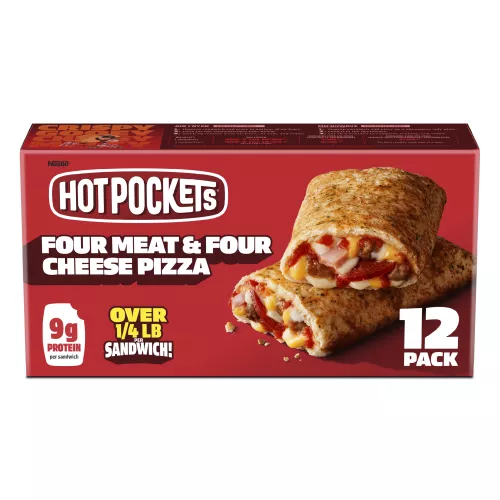 Front Center view of Hot Pocket Four Meat Four Cheese 12pk Frozen Sandwiches NET WT 51 oz (3 lb 3 oz) 1.44 kg product.