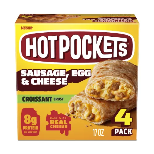 Vista frontal centrada de una caja de 17oz (1 lb 1 oz) 481 g de snacks Nestle Hot Pockets de Sausage Egg Cheese con masa croissant.